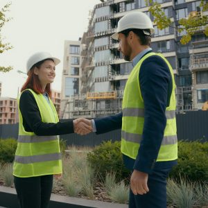 Two people colleagues in safety uniform helmets hardhat engineers managers man and woman female